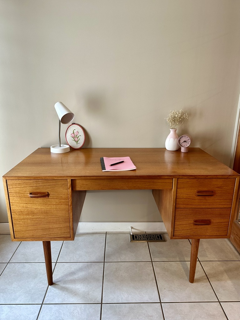 Teak Mid Century Modern Desk, Made in Canada Teak Desk, Finished Back